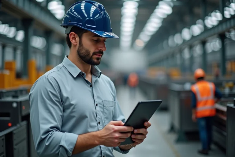 Responsable de production en usine consultant une tablette sur un sol de chaîne de montage industrielle en France