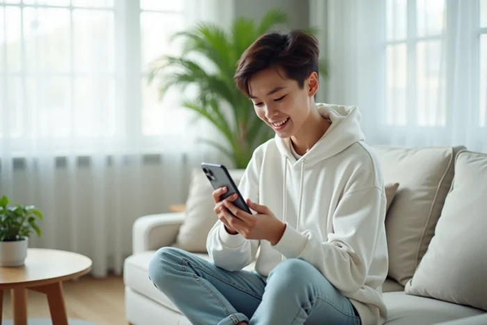 Jeune personne consultant son smartphone pour restaurer des e-mails supprimés depuis une application mobile de messagerie