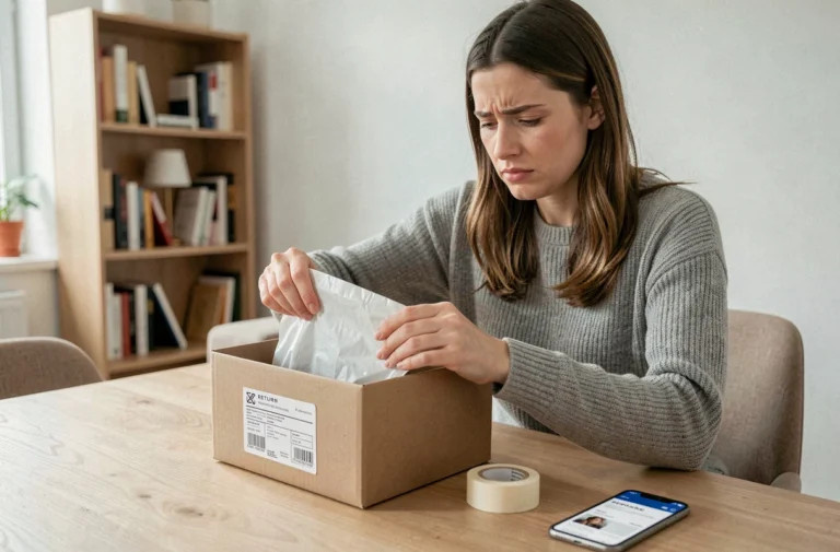 Femme emballant un colis pour un retour produit Rakuten dans un appartement moderne