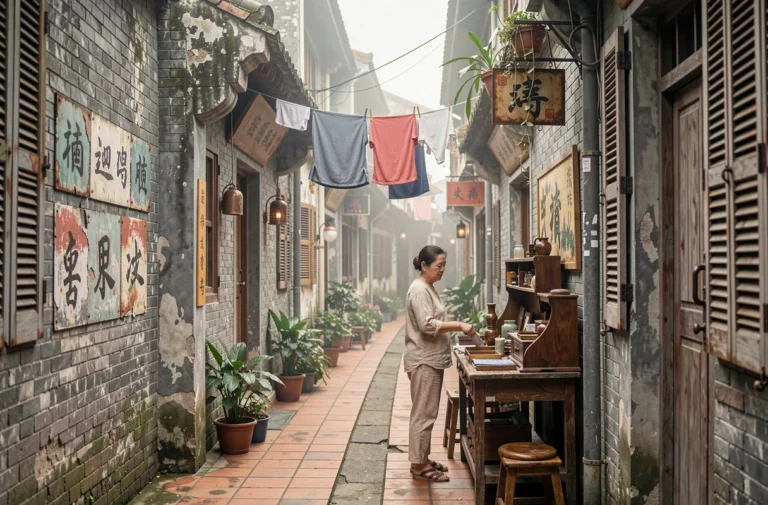 Ruelle historique du quartier d'Enning Road à Guangzhou avec une vendeuse locale devant des antiquités