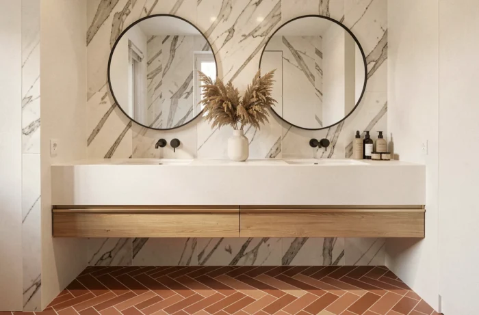 Meuble double vasque avec carrelage en chevron terracotta au sol et grands carreaux effet marbre veiné au mur