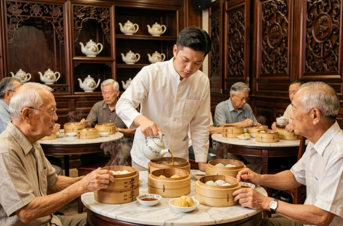 Intérieur d'un salon de thé cantonais traditionnel à Guangzhou avec service de dim sum