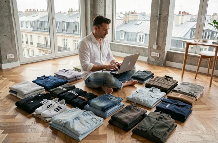 Homme triant des vêtements de marque pour vendre sur Vinted dans un appartement parisien moderne