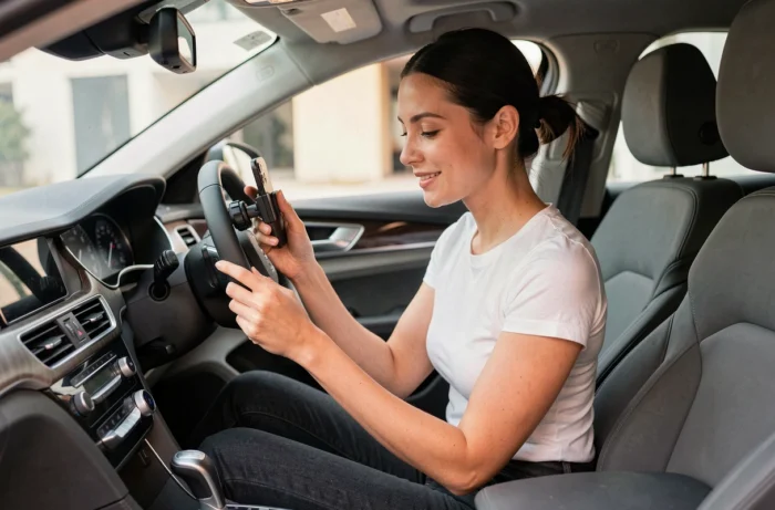 Femme testant un support smartphone magnétique sans fil dans l'habitacle d'une voiture moderne aux finitions premium