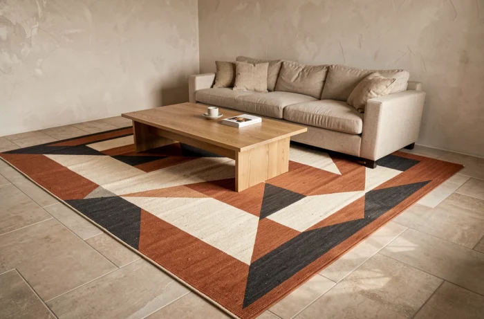 Tapis graphique géométrique en terracotta et crème délimitant le coin salon avec canapé en lin et table basse en chêne