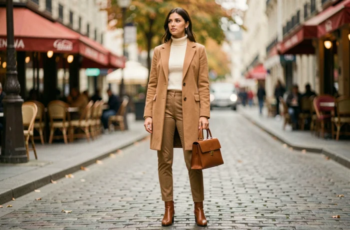 Femme élégante portant un manteau camel et un col roulé crème dans une rue pavée parisienne en automne, tendances mode saison