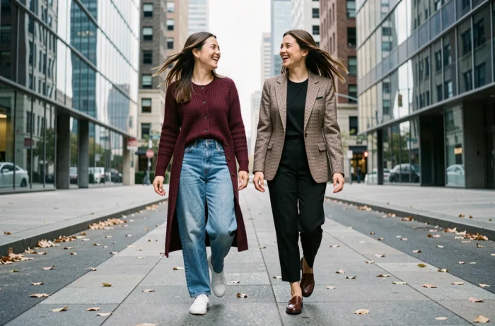 Deux femmes stylées marchant en ville portant des tenues tendance automne — cardigan bordeaux et blazer à carreaux — dans une avenue urbaine moderne