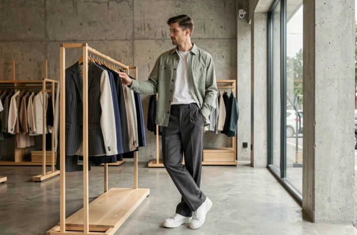 Homme tendance en pantalon large anthracite et overshirt vert sauge dans un concept store minimaliste, mode masculine automne-hiver