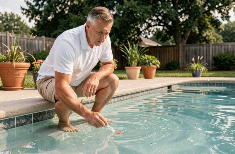 Homme testant le pH d'une piscine au sel avec une bandelette de test, potentiel pH élevé