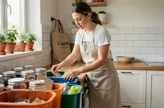 Femme triant ses déchets dans des bacs de recyclage colorés dans une cuisine moderne et écologique