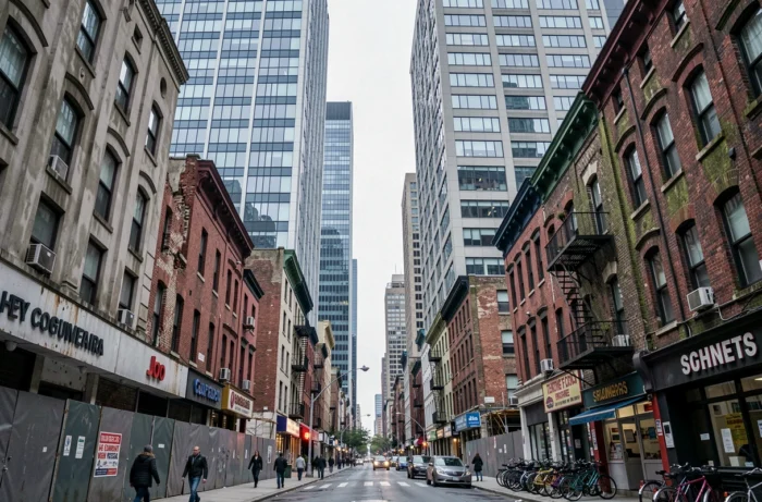 Contraste entre immeubles modernes et anciens bâtiments dans un quartier urbain dense illustrant les différents types d'urbanisation