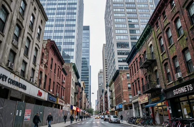 Contraste entre immeubles modernes et anciens bâtiments dans un quartier urbain dense illustrant les différents types d'urbanisation