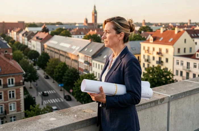 Urbaniste professionnelle observant une ville mixte depuis un toit terrasse, symbolisant la planification urbaine durable