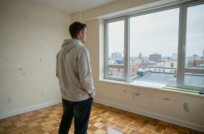 Jeune homme visitant un appartement vide et envisageant l'achat ou la location d'un bien immobilier