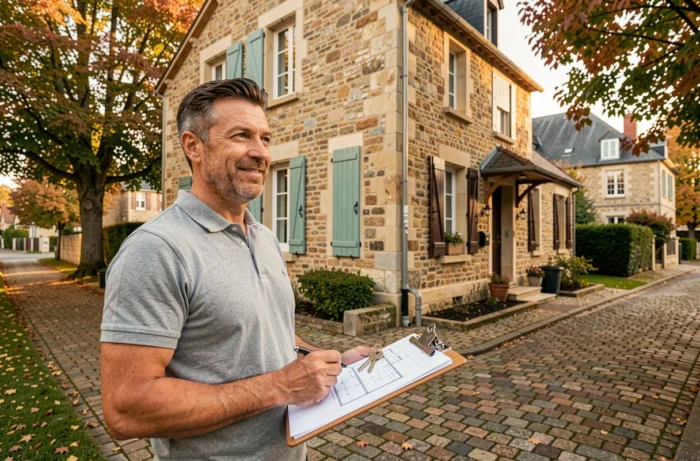 Homme visitant une maison dans le cadre d'un projet de crédit immobilier