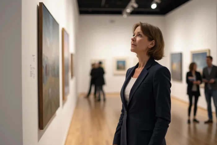 Une visiteuse contemplant une œuvre d'art contemporain lors d'une exposition au parc des expos de Quimper