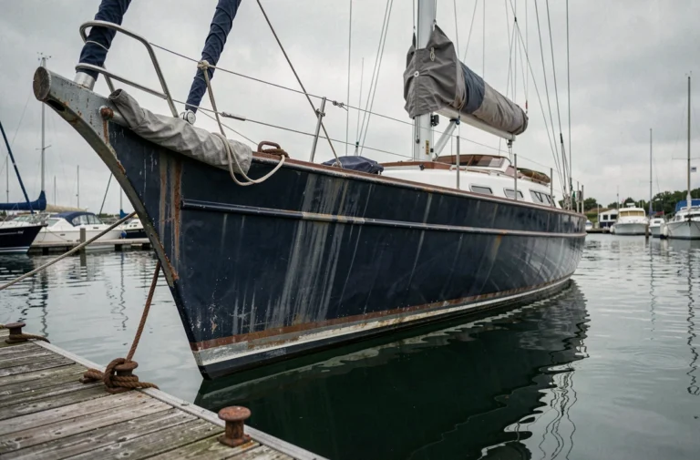 Voilier en acier d'occasion amarré dans un port de plaisance, montrant des détails de coque caractéristiques et une construction robuste